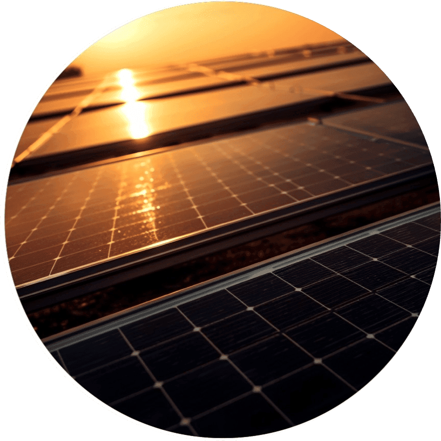 Solar panels reflecting the sunset