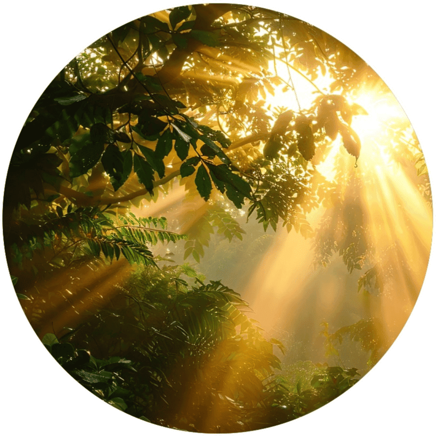 Sunlight passing through green forest trees